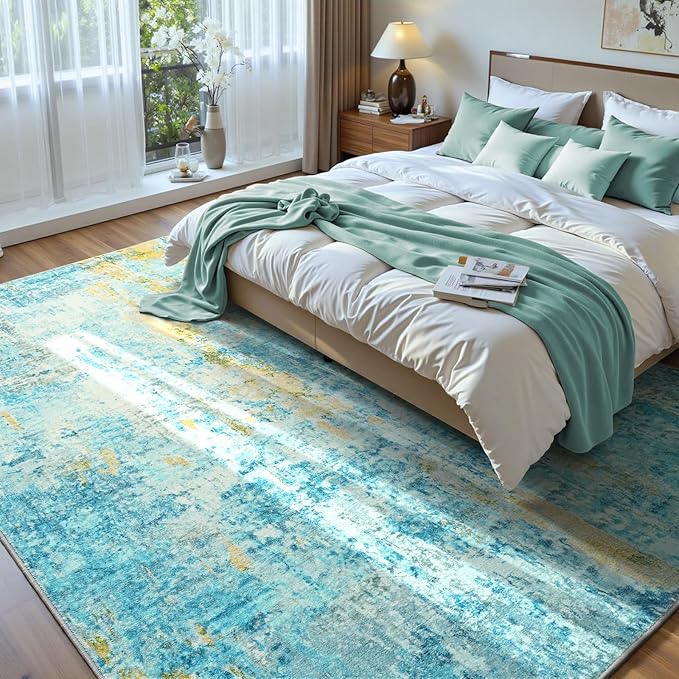 Ompaa Living Room Rug 6x9 Teal Blue Area Rug Machine Washable Boho Rug Non Slip - Image 2