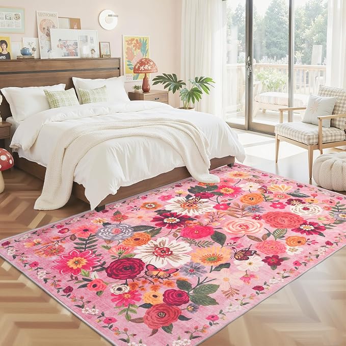 Floral Washable 6x9 Area Rugs Pink, Soft Bedroom Rug - Image 4