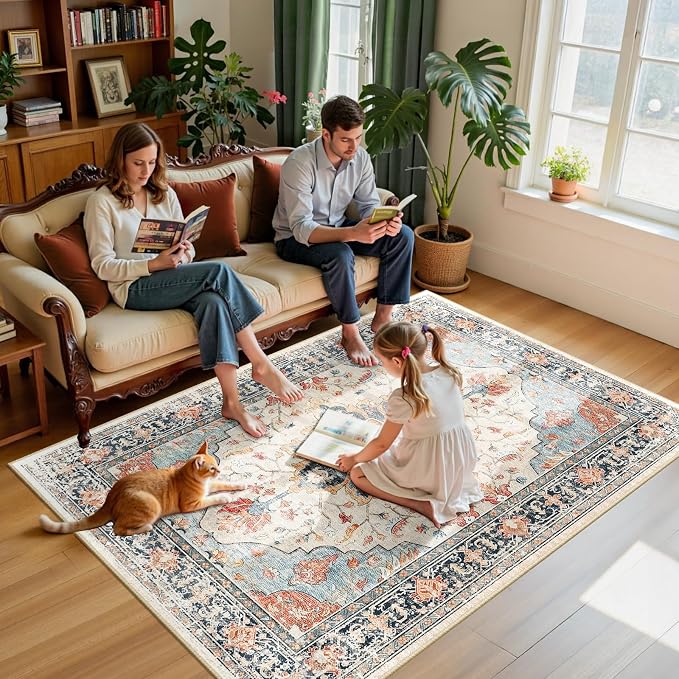 Area Rugs 5'x7' Washable Non-Slip, Floral Vintage Distress Print Pattern - Image 3