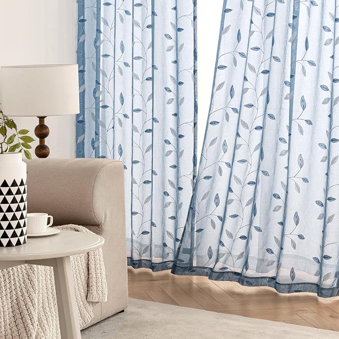 MIULEE Stone Blue Sheer Curtains 2 Panels Embroidered Leaf Patterned Rod Pocket - Image 3
