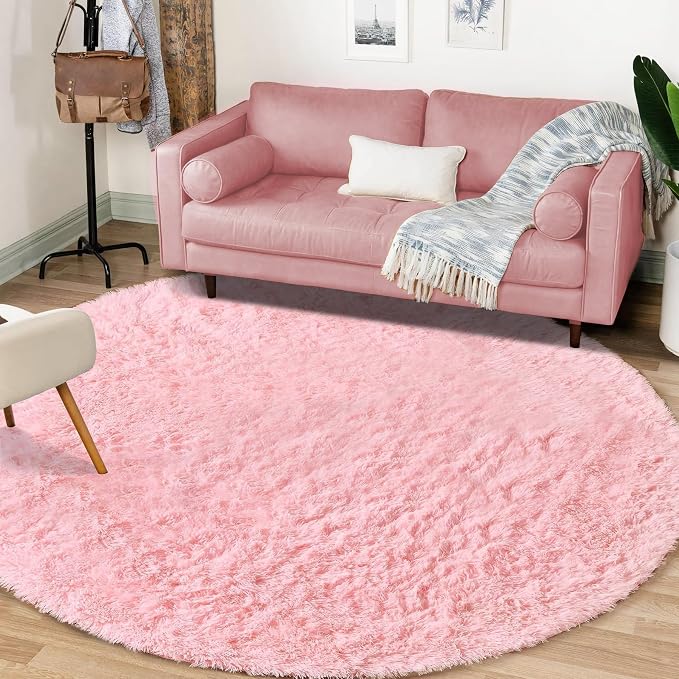 Pink Round Rugs for Bedroom: 4ft Circle Fluffy Shag Soft Washable Rug Small - Image 7