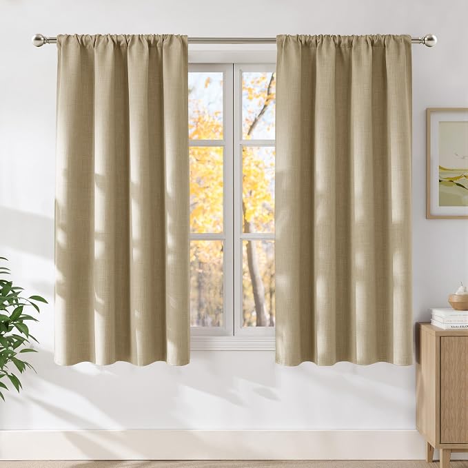 NICETOWN Oatmeal Faux Linen Room Darkening Rod Pocket Curtains 63 inch Length by NICETOWN