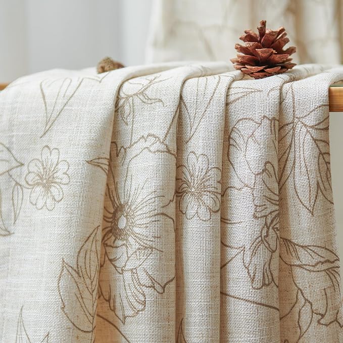 jinchan Floral Linen Curtains for Living Room 63 Inch Length Taupe Flower - Image 6