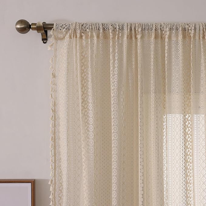 WAZZIO Boho Lace Curtains 96 Inches 2 Panel, Light Filtering Privacy Tassel & - Image 5