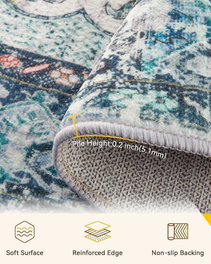 Area Rugs 5ft Washable Non-Slip, Floral Vintage Distress Print Pattern - Image 3