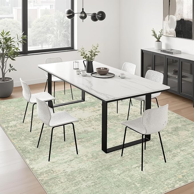 9x12 Area Rug Living Room: Modern Washable Soft Carpet Green Cream | - Image 4