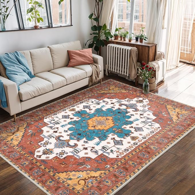 SERISSA Boho Area Rug 5x7 Orange, Washable Large Rugs - Image 8