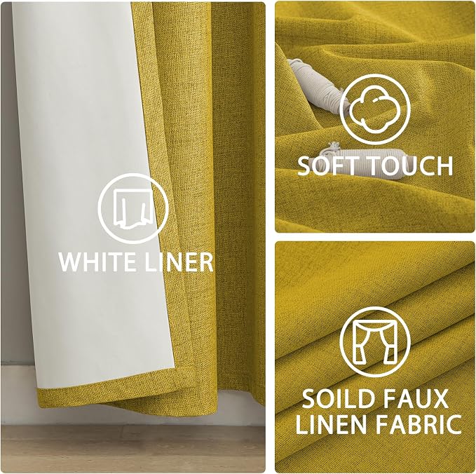 Yakamok Mustard Yellow Linen Curtains 100% Blackout 84 Inches Long, Room - Image 6