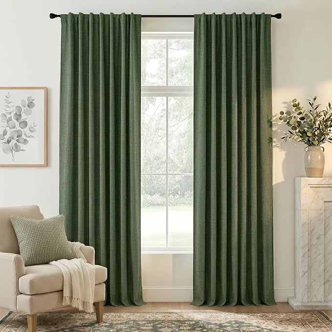 RYB HOME Olive Green 100% Blackout Linen Curtains 84 inches Long, Luxury by RYBHOME