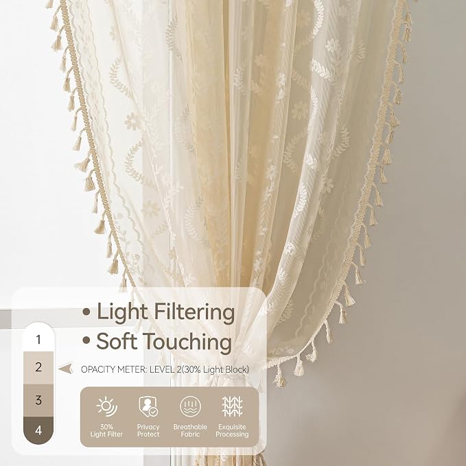 WAZZIO Boho Lace Curtains 2 Panels 96 Inches -Cute Vintage Victorian Sheer - Image 5