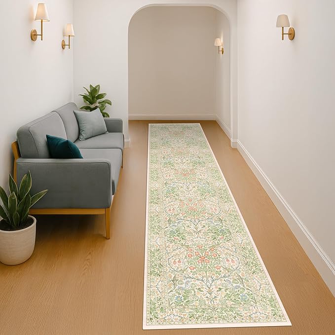 Washable Beige Green 2x10 Runner Rug - Image 6