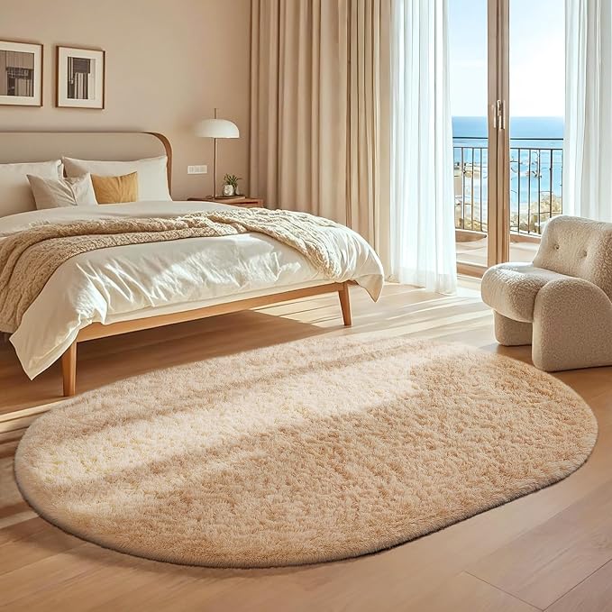 Ophanie 4x6 Oval Beige Rugs for Bedroom Living Room, Fluffy Fuzzy Furry Carpet - Image 3