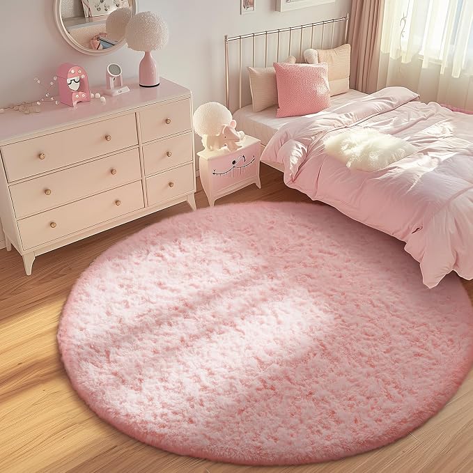 Ophanie Round Rugs 6Ft Pink Circle Area Rug, Fuzzy Bedroom Carpet, Large Shag - Image 3