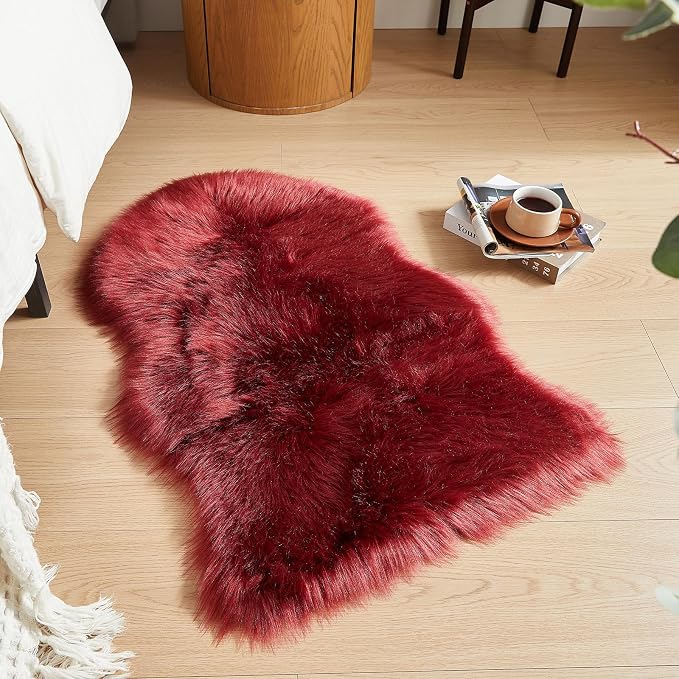 AMTOVO Faux Fur Rug, Burgundy Small Area Rug, Fluffy Sheepskin Rug, Fuzzy Ultra - Image 4