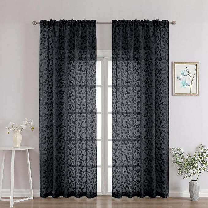 Chyhomenyc Black Sheer Curtains 90 Inch Length 2 Panels Set, Light Filtering by Chyhomenyc
