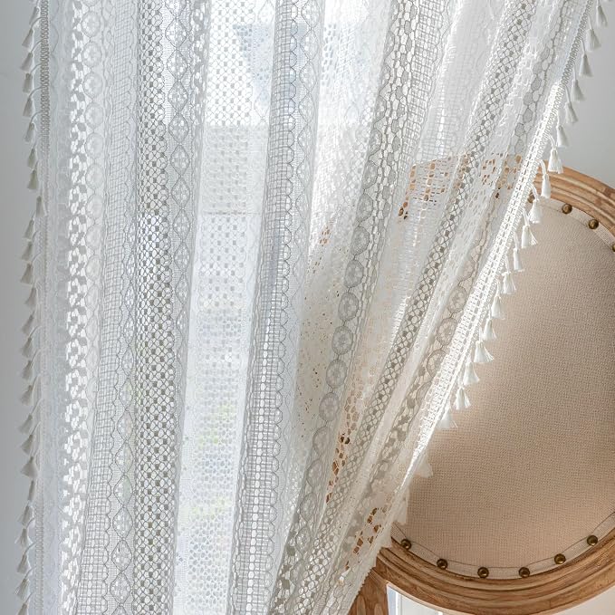 WAZZIO Boho Lace Curtains 45 Inches 2 Panel, Light Filtering Privacy Tassel & - Image 5