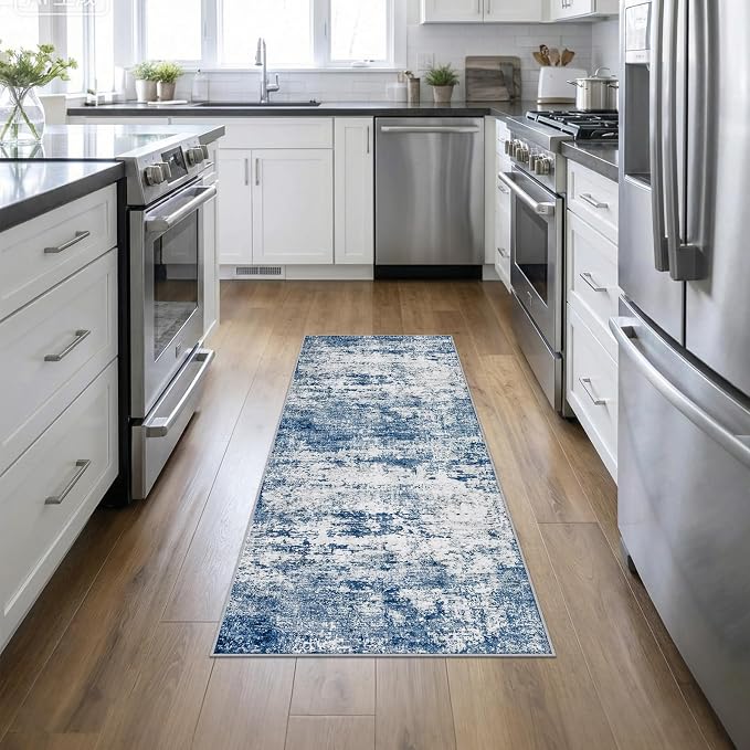 2x6 Washable Runner Rug：Modern Abstract Kitchen Soft Carpet Blue | by FXRHLP