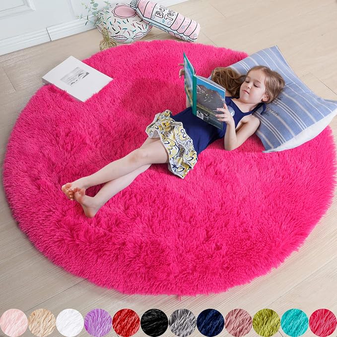 Hot Pink Round Rugs 5Ft for Girls Bedroom, Fluffy Circle Area Rug for Kids Room by Amdrebio