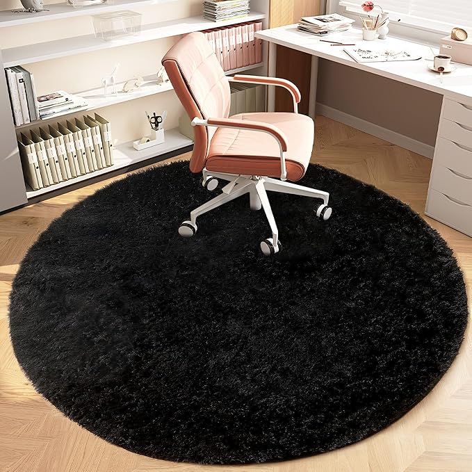 Black Round Rugs for Bedroom: 4ft Circle Fluffy Shag Soft Washable Rug Small - Image 8