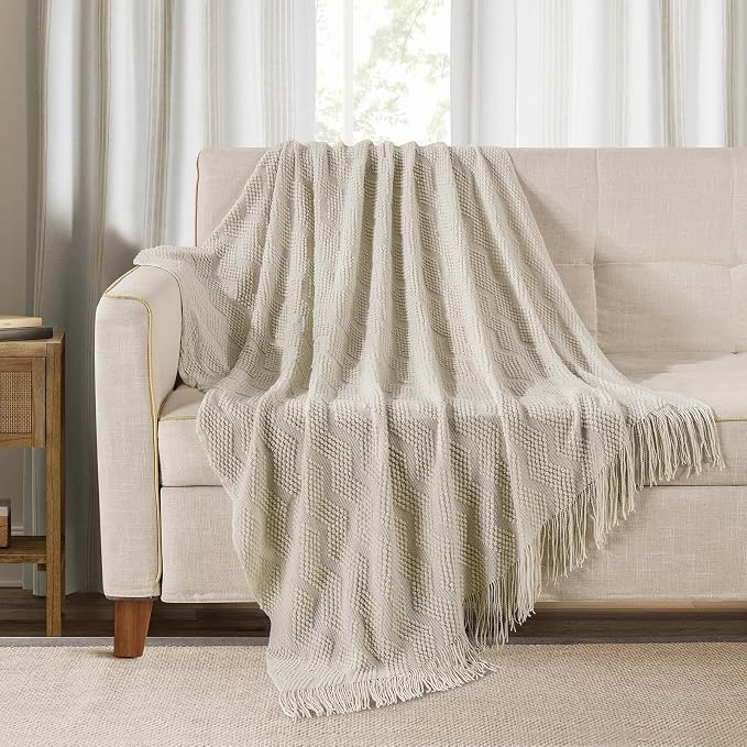 BOURINA Beige Throw Blanket 50x60 Inches Throw Textured Solid Soft Ripple by BOURINA