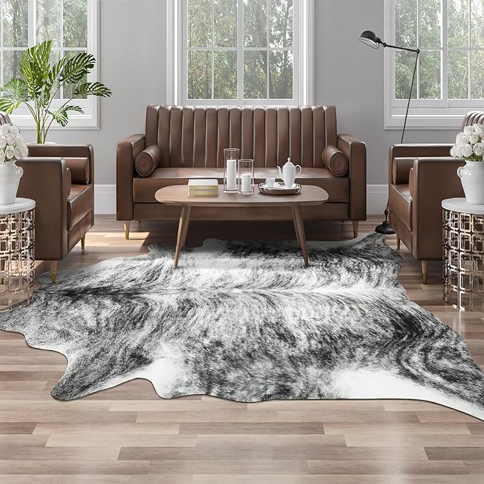 Western Faux Cowhide Rug, Animal Cow Hide Rug, 7 x 6.2 Ft Black | Premium by AROGANAREARUG