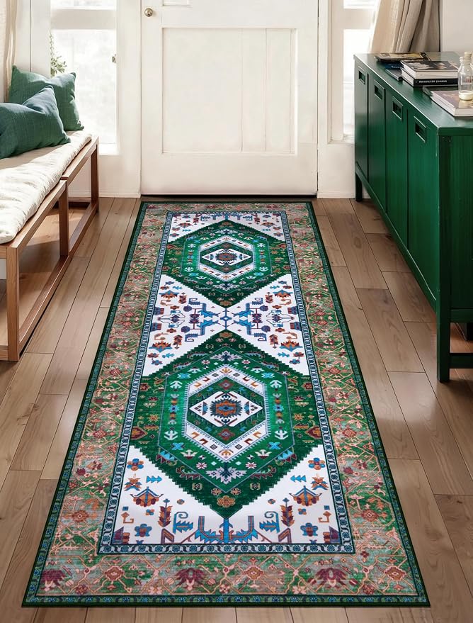 SERISSA Boho Washable Runner Rug, 2x5 Rug Runner Non-Slip Vintage Green White - Image 5