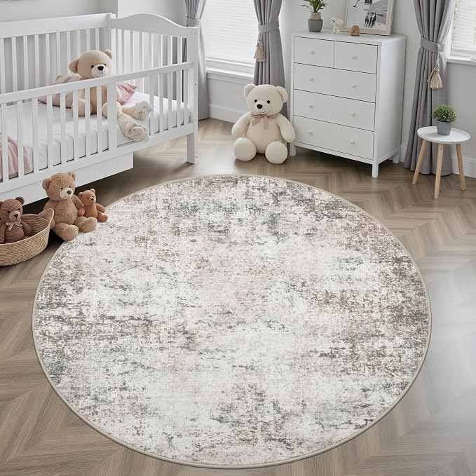 Round Area Rug Living Room: 6 ft Modern Washable Carpet Brown | - Image 4