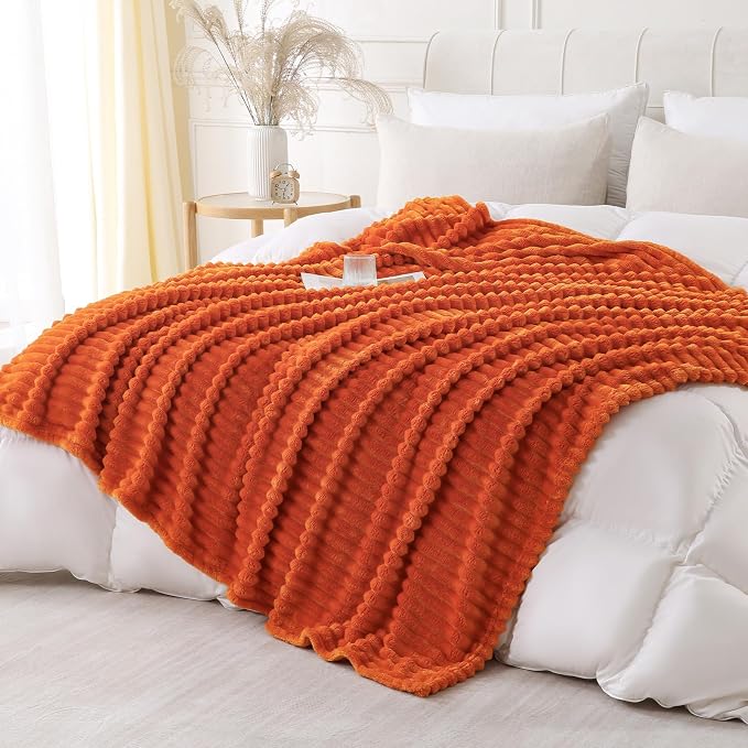 Orange Throw Blanket for Couch Sofa 50x70 inches Striped Design | Fleece - Image 3