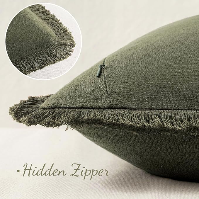 MIULEE Boho Linen Fringe Decorative Throw Pillow Covers Olive Green 18x18 | Set - Image 3