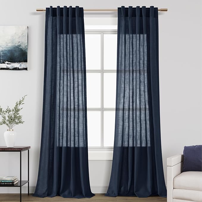 Navy Blue Linen Blend Drapes 84 Inch Length 2 Panels Set Back Tab Rod Pocket by Nanspring