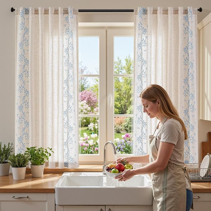 jinchan Evelyn Embroidered Linen Curtains 63 inch Floral Curtains - Image 7