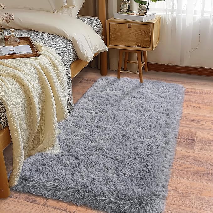 Soft Runner Rugs for Bedroom Hallways, 2 Packs 2x4 Grey Fluffy Shag Throw Area by Ailyei