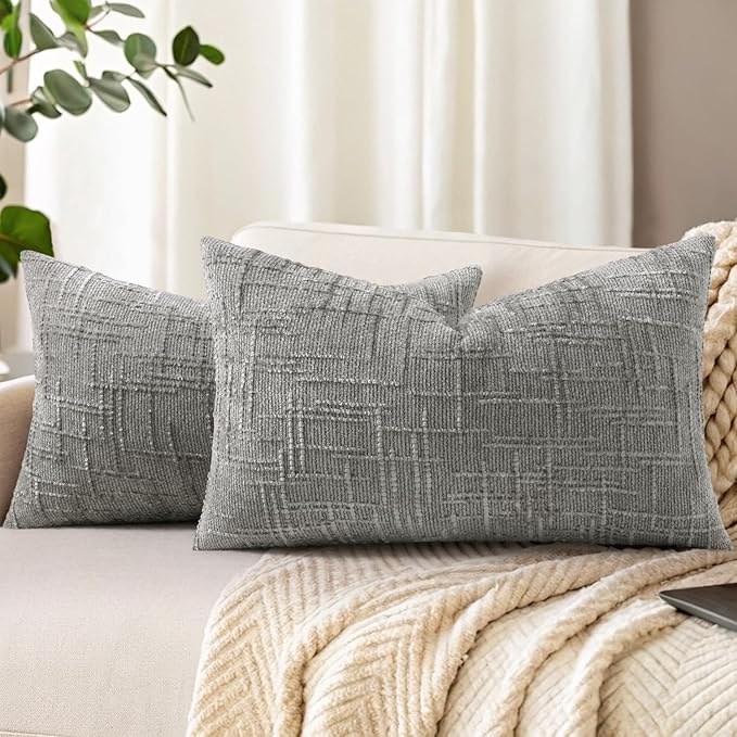 decorUhome Neutral Grey Chenille Throw Pillow Covers 12x20 Set of 2 Textured by decorUhome