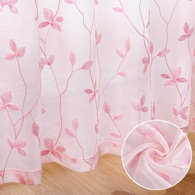HOMEIDEAS Pink Sheer Curtains 52 X 96 Inches Length 2 Panels Embroidered Vine - Image 3