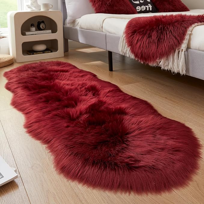 AMTOVO Faux Sheepskin Rug, Burgundy Ultra Soft Fluffy Shag Area Rug, 2 x 6 ft by AMTOVO