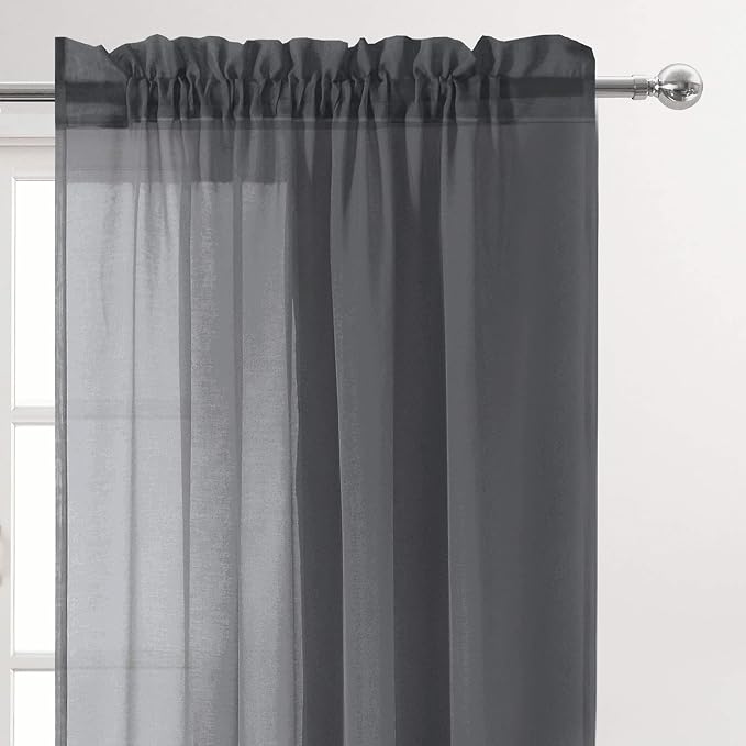 DWCN Dark Grey Sheer Curtains Semi Transparent Voile Rod Pocket Curtains - Image 2