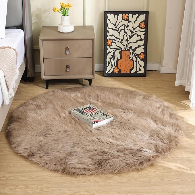 ORINOVA Beige 3ft Round Fluffy Shaggy Rug Washable Soft Area Rug - Image 3