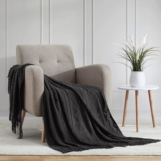 BOURINA Black Throw Blanket 50x60 Inches Throw Textured Solid Soft Sofa Couch - Image 2