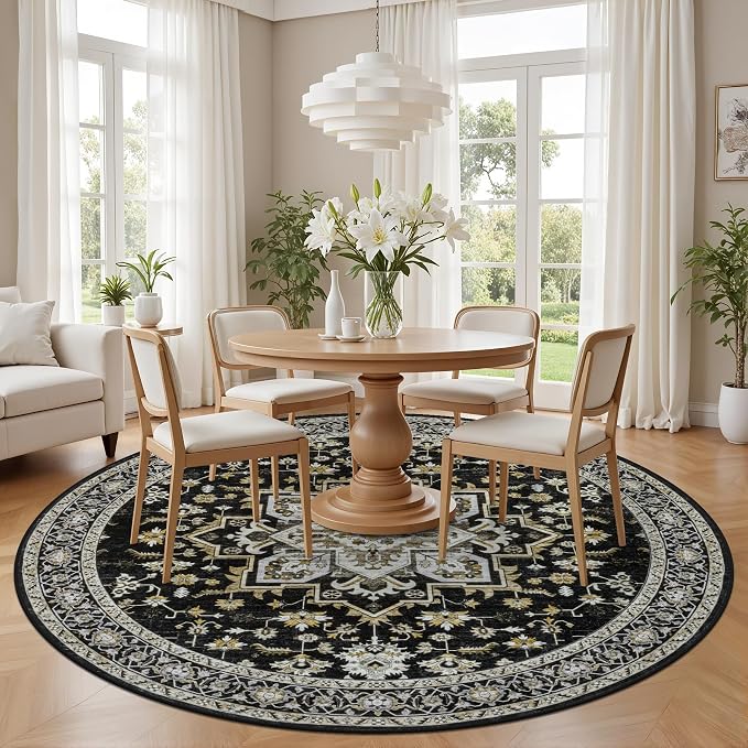 Round Area Rug for Living Room: 6ft Boho Washable Rug Black Gold | Vintage Boho - Image 3