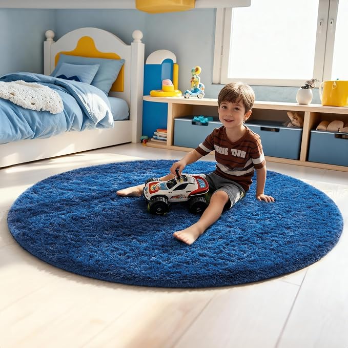 Ophanie Blue Round Rug 5Ft Circle Area Rug, Boys Room Decor, Fluffy Fuzzy - Image 3