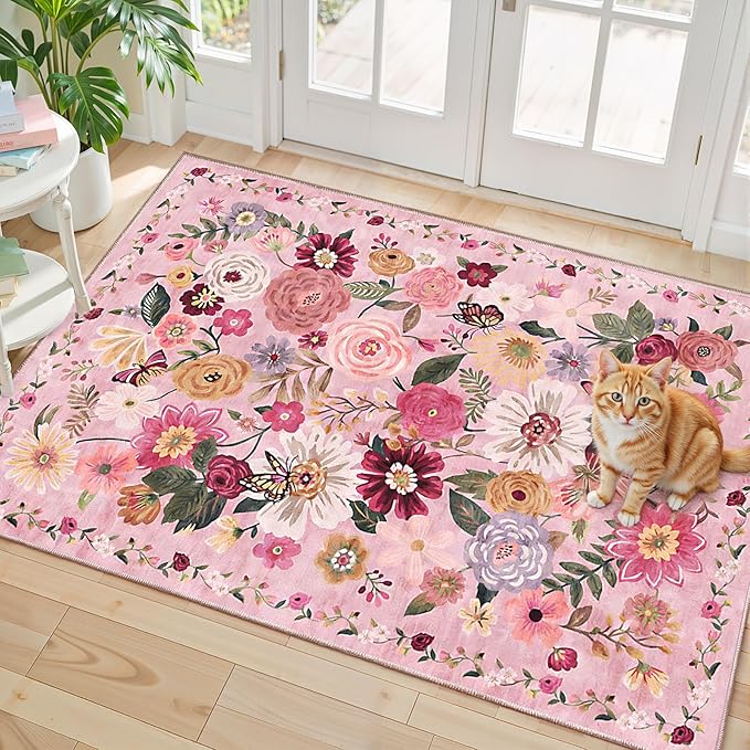 Pink Floral Rug for Entryway, 2X3 Washable Kitchen Mat Ultra-Thin Soft by WelcometoBabovid