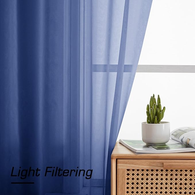 Simplebrand Royal Blue Sheer Curtains 63 Inch Length 2 Panels, Rod Pocket Solid - Image 2