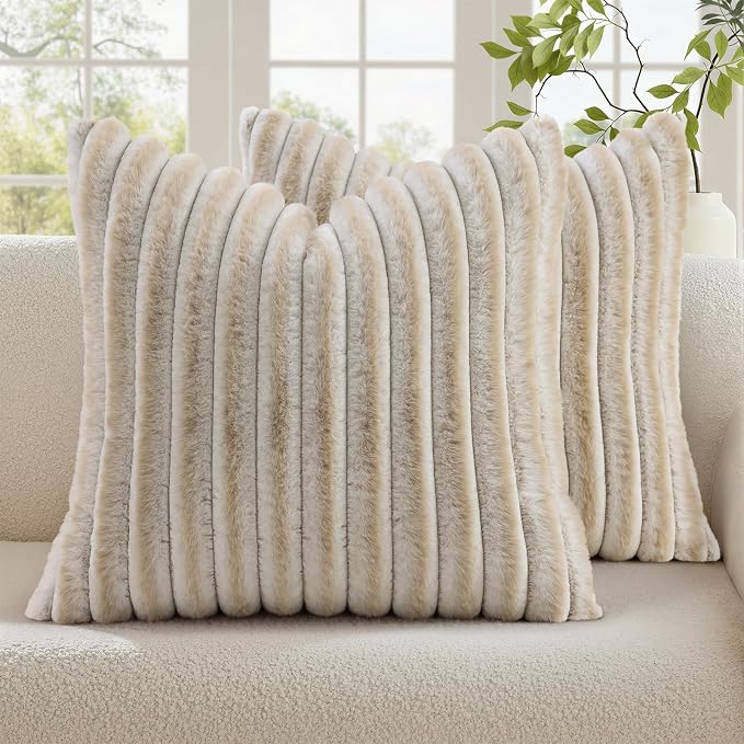 decorUhome Fall Faux Fur Throw Pillow Covers 16x16 Set of 2 Beige White | by decorUhome
