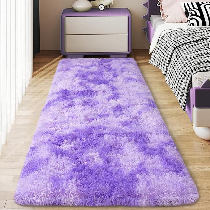 Soft Runner Rugs for Bedroom Hallways, 2x6 Tie-Dyed Purple Fluffy Shag Throw by Ailyei