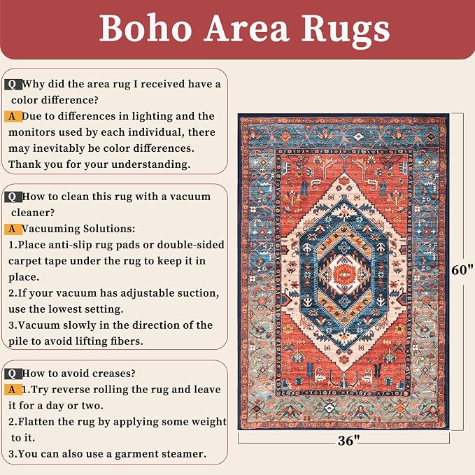 SERISSA Area Rug 3x5 Boho Rugs for Bedroom, Washable Non-Slip Kitchen Rugs - Image 2