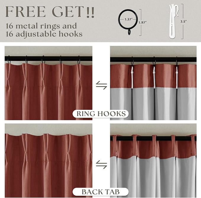 Terracotta Pinch Pleat 100% Blackout Linen Bedroom Curtains 96 Inch Length | - Image 6