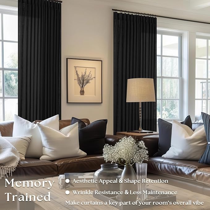 Black Pinch Pleated Linen Semi Sheer 120 Inch Curtains 2 Panels | Light - Image 2