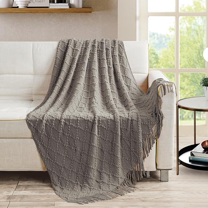 BOURINA Dark Grey Throw Blanket 50 x70 Inches Jacquard Argyle Throw Textured - Image 2