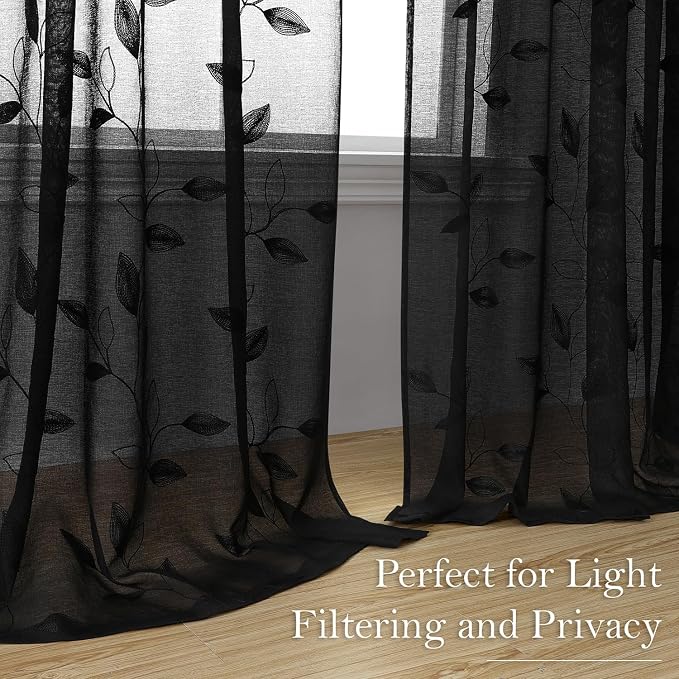 HOMEIDEAS Black Sheer Curtains 52 X 63 Inches Length 2 Panels Black Embroidered - Image 5
