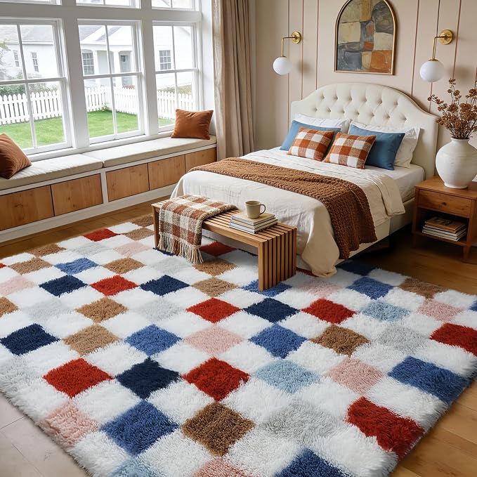 Shag Area Rug for Bedroom Living Room, 4x6 Fluffy Soft Colorful Checkered Rug - Image 3